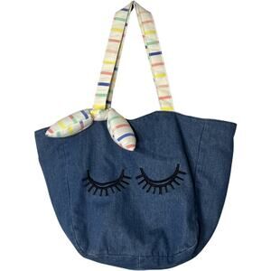Blue Denim Tote Bag Eyelash Design Cotton Blend Double Handle